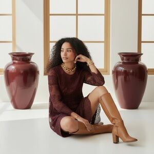 The Kooples Burgundy Lace Long-Sleeve Mini Dress